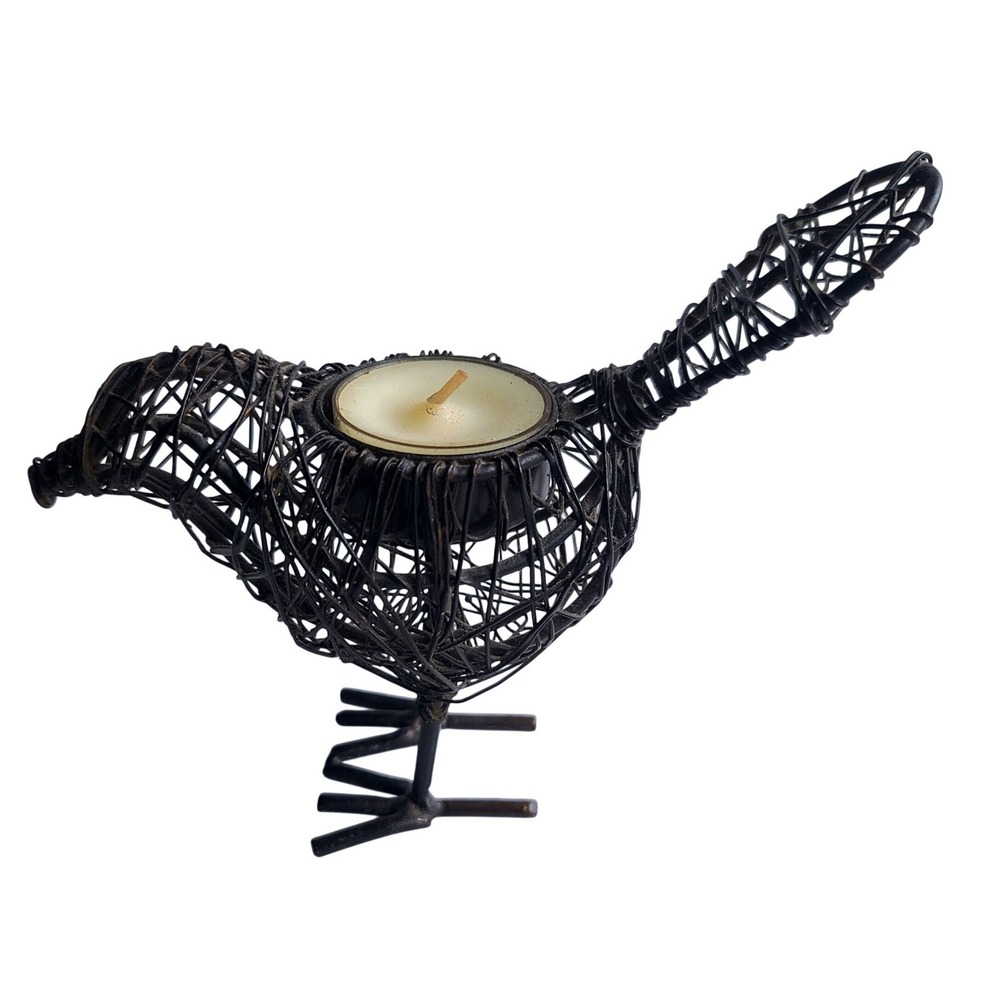 Artisanal Rustic Wire Wrapped Bird Tea Light Candle Holder Dark Metal Figurine